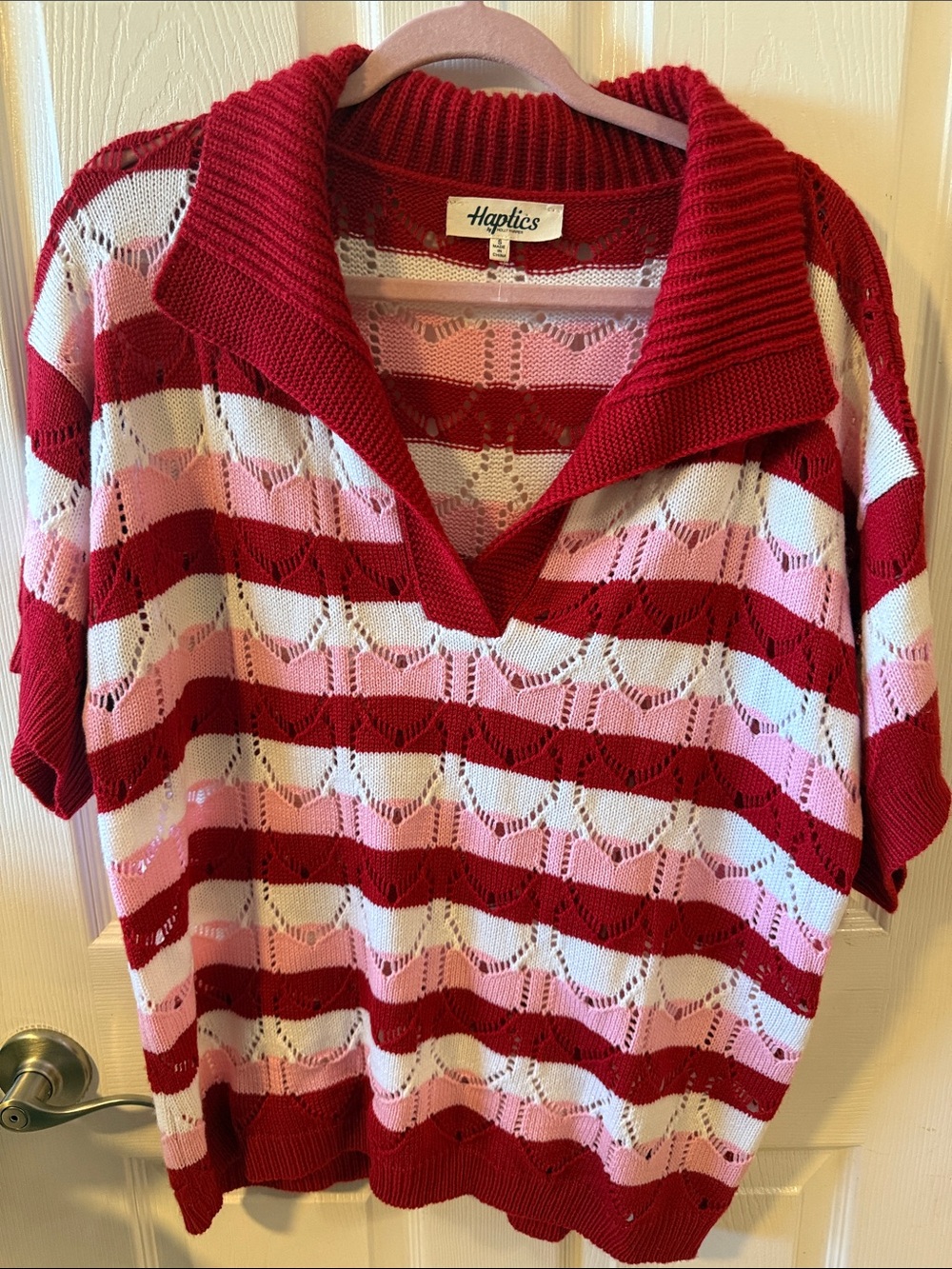 NEW! Haptics Red, Pink & White Striped V-Neck Open-Knit Sweater
